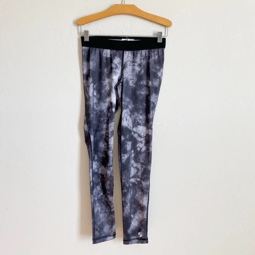 SOFFEE Women's Gray/White/Black Tie-Dye Low Rise Slim Waistband Leggings sz XS
